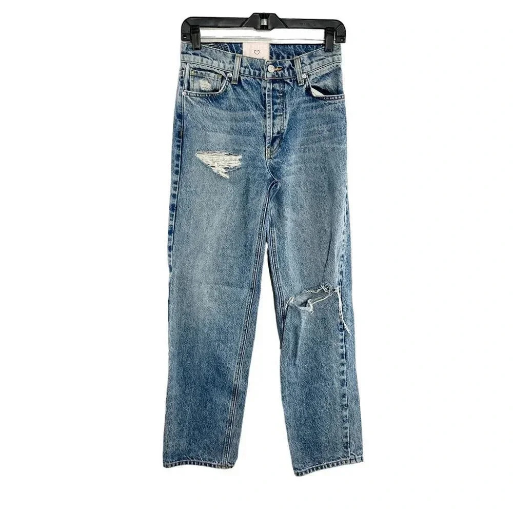 Revice High Rise Button Fly Distressed Boyfriend Straight Leg Jeans Size 25